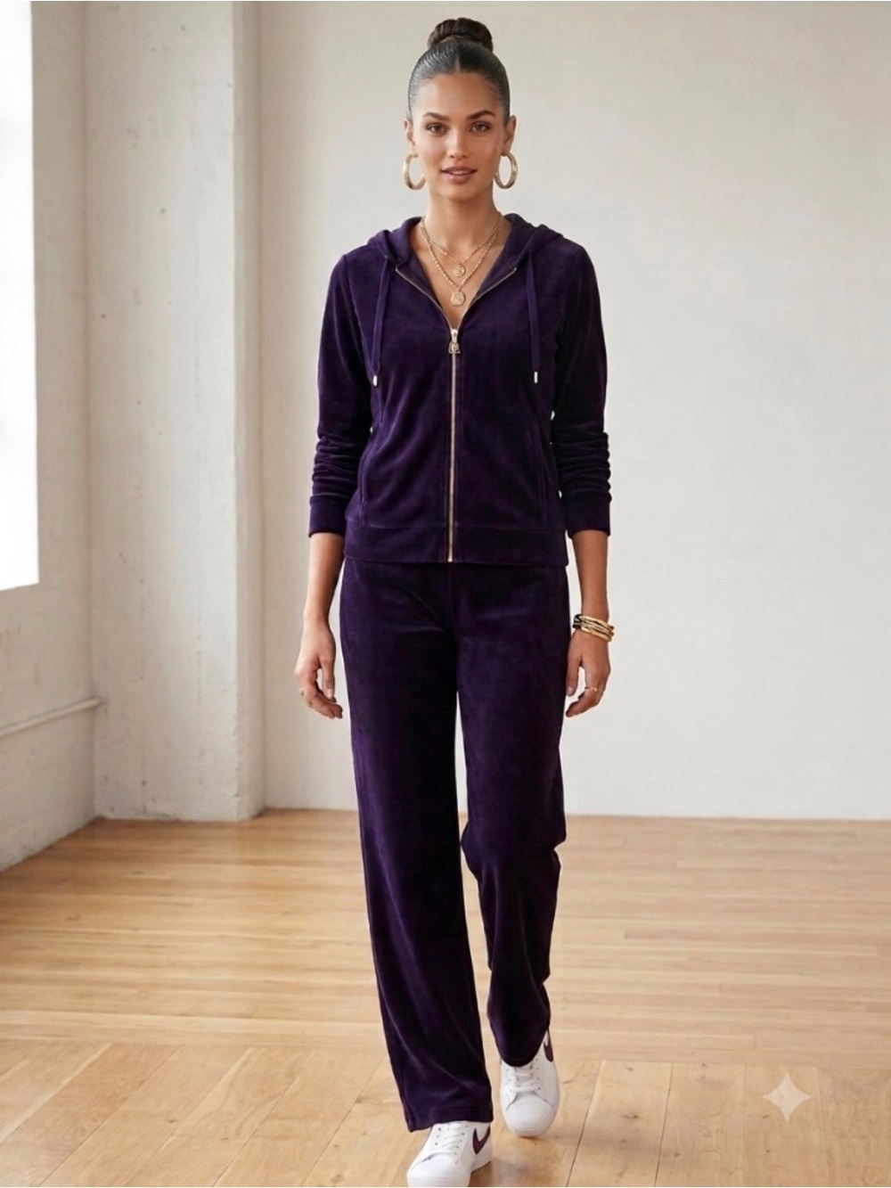 Lauren Ralph Lauren Purple Velvet Gold Zip Up Hoodie XL Wide-Leg Pants L Set